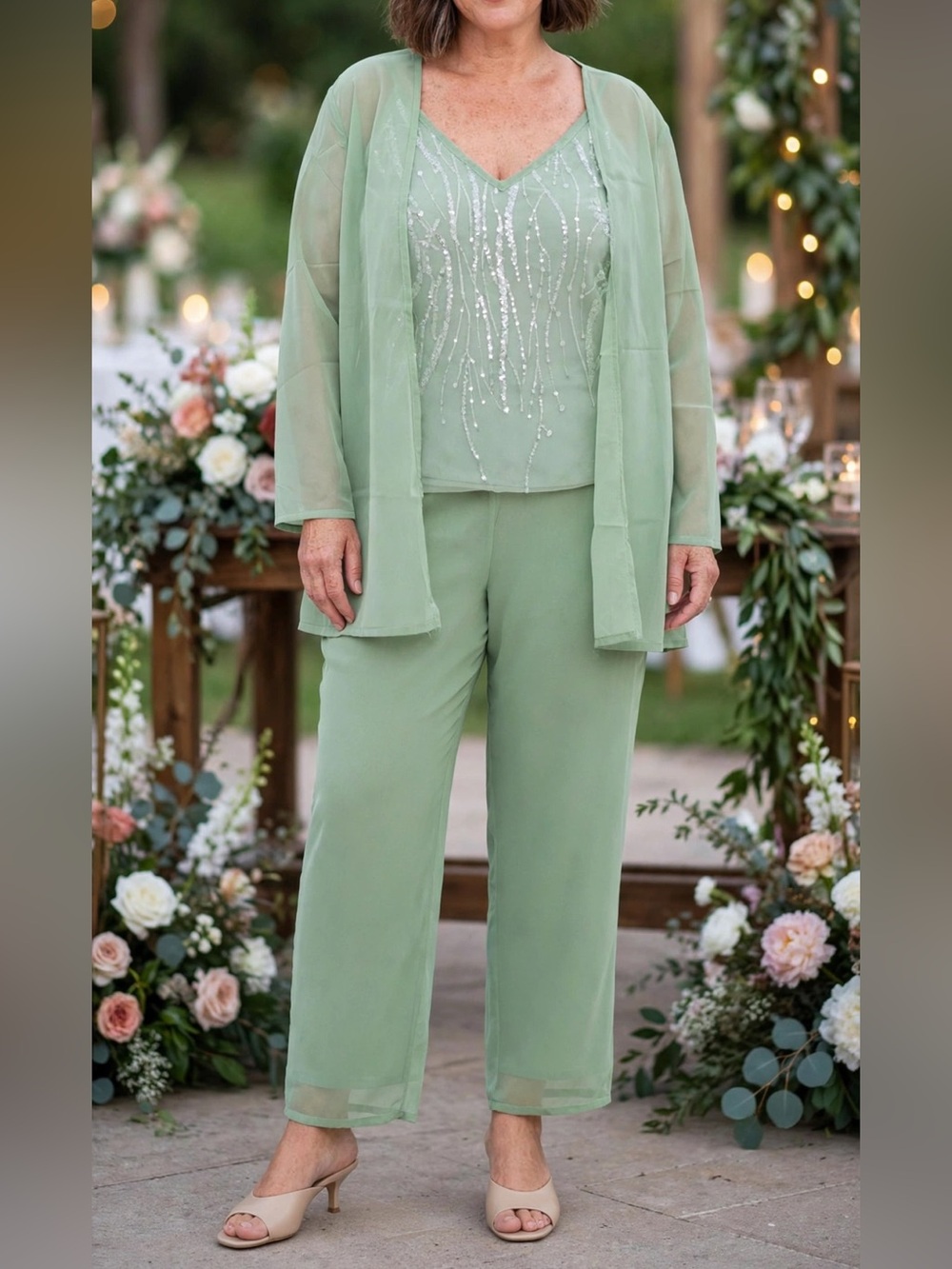 Senunlia 3-Pc Chiffon Mother of the Bride Pant Suit BE01 Sage Green size 16w